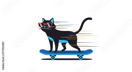 Cool black cat wearing sunglasses rides a fast skateboard with motion blur effect.