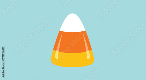 A single candy corn confection with white, orange, and yellow sections on a light blue background.