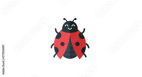 Cute cartoon ladybug with a smiling face and black spots on a white background.