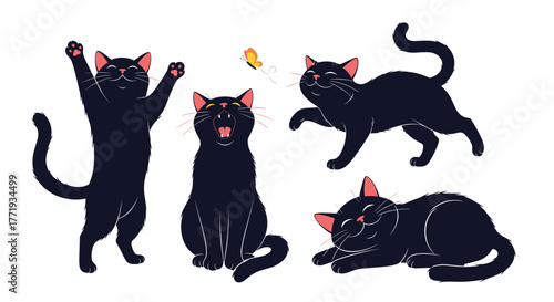 Collection of four black cats in various playful poses against a white background, including a jumping cat, a yawning cat, a running cat, and a resting cat.