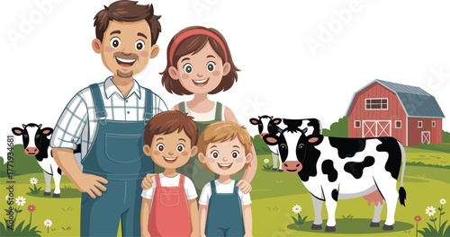 Cartoon family standing on farm, smiling faces, red barn, green grass, cows in background, rural lifestyle, wholesome agriculture illustration