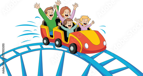 Cartoon roller coaster ride, group excitement, raised arms, red car, blue track, amusement park thrill, motion lines, joyful adventure illustration