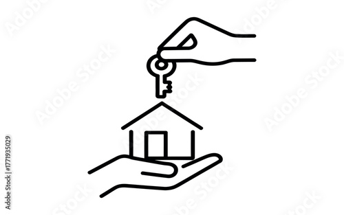 A hand offers a house to another hand holding a key.