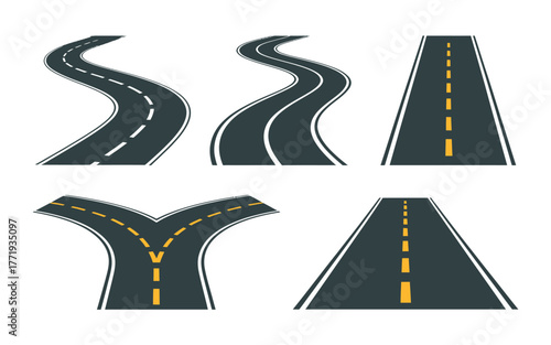Various curved and straight road illustrations are shown on a white background.