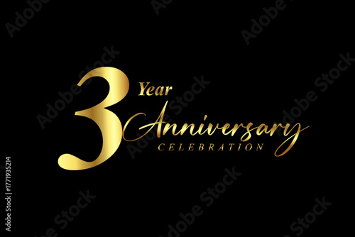3 year Anniversary celebration. Gold luxury banner vector illustration.