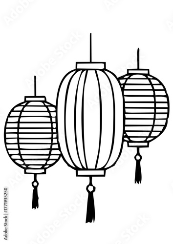 Vector black and white paper lanterns icon, minimalist style, festive decoration illustration