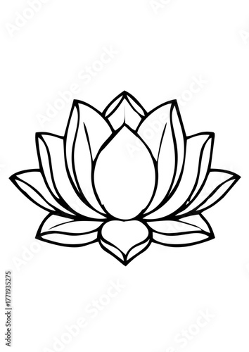 Vector black and white open lotus flower icon, minimalist style, spiritual and natural symbol illustration