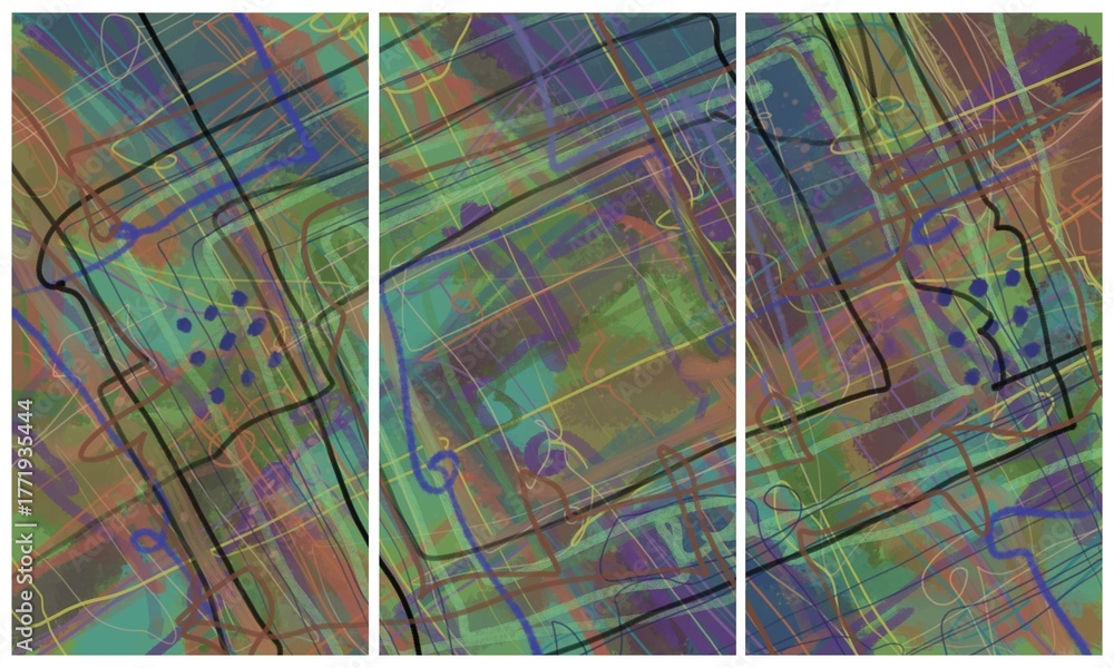 Fototapeta premium Modern interior triptych. The picture is painted by hand on a tablet