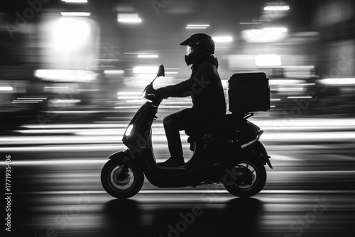 Wallpaper Mural A silhouetted delivery rider on a scooter speeds through a blurry, illuminated city street at night, highlighting dynamic urban movement. Torontodigital.ca