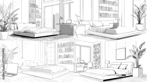 Elegant bedroom interior sketch with bed, desk, plants, and bookshelf. Minimal architectural drawing showing cozy home layout, modern furniture design, and creative spatial planning.