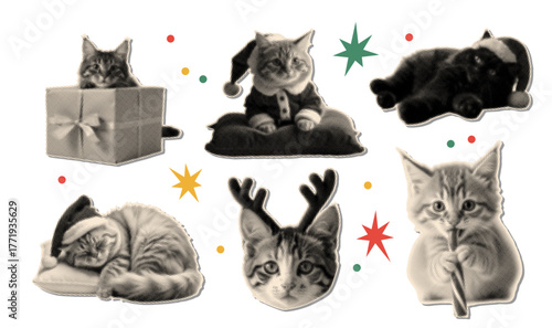 Christmas halftone collage clipart set. Funny halftone cut out cat head in Santa hat, kitten with candy cane, sleeping feline. Vintage dotted stickers. Retro grunge mixed media vector illustration
