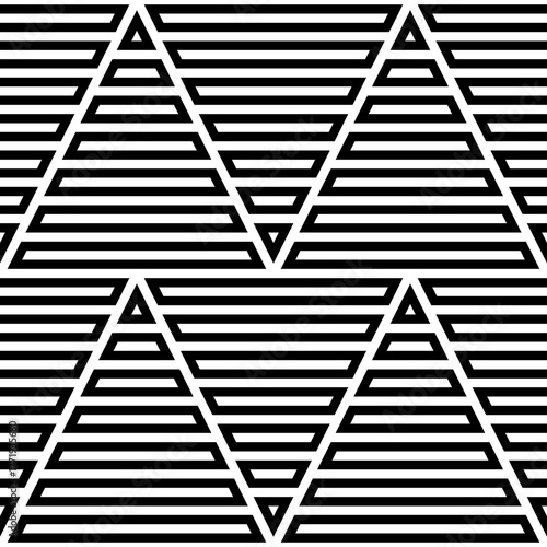 Strokes аnd blocks wallpaper. White zigzag lines on striped background. Seamless surface pattern design with linear ornament. Broken lines motif. Digital paper with dashed stripes. Vector art.