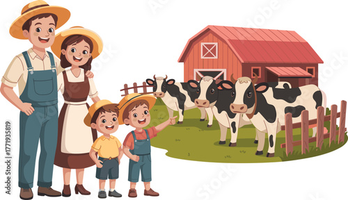 Happy farm family with cows, rural lifestyle, red barn, children pointing, outdoor scene, animal care, green grass, wholesome countryside moment