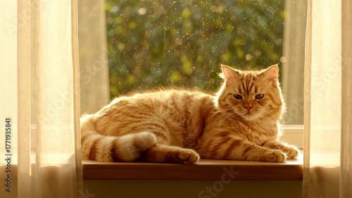 A fluffy orange tabby cat sprawled on a window sill, bathed in warm sunlight