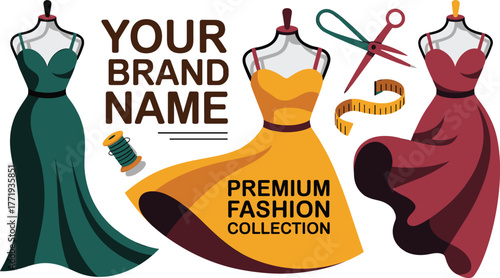 Fashion collection branding graphic, elegant dresses on mannequins, sewing tools, premium style, tailoring concept, promotional design, stylish garment illustration