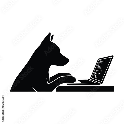 Silhouette of a dog typing on a laptop, the canine is focused on the screen, suggesting a humorous take on modern technology use