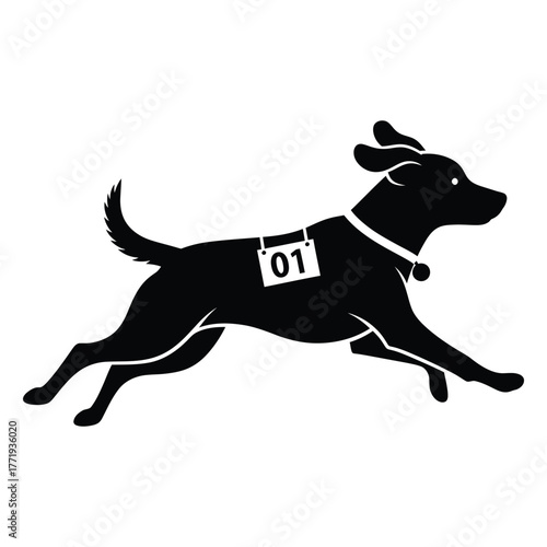 Dynamic silhouette of a dog leaping forward with a racing bib marked 01, capturing the essence of speed and competition