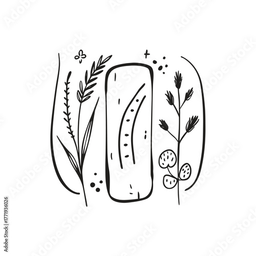 Abstract outline of feminine hygiene product surrounded by delicate botanical elements isolated on transparent background