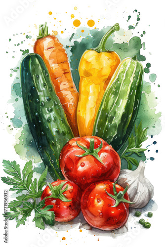 A vibrant watercolor composition of fresh vegetables: tomatoes, cucumbers, carrot, pepper, garlic, and greens. Perfect for menus, posters, or food packaging design.