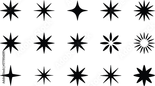 Collection of diverse black starburst and sparkle graphic elements on a white background