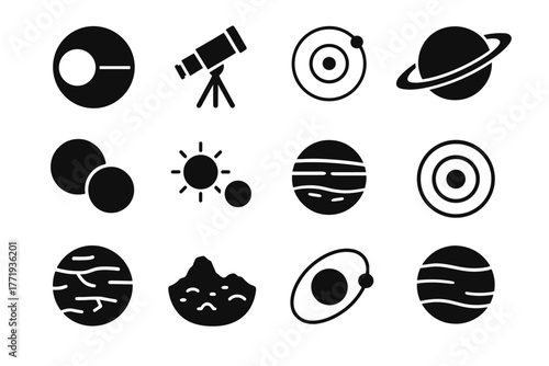 Stars rocky vector set icon transit planet telescope exoplanet surface red