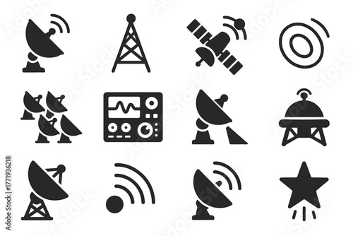 Icon signal dish communication vector array space icons orbit transmission radio satellite
