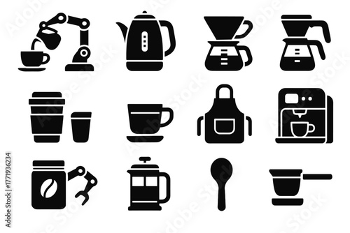 Vector robotic tools apron caf digital machine barista milk glass coffee icon