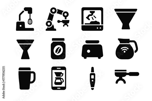 Brewing vector robot gadget machine caf reusable plate coffee arm icon app