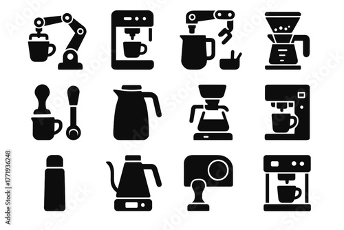 Automated coffee digital dosing flask caf vector barista cup robotic tool icon
