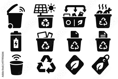 Bin technology battery eco smart arrows label collection glass vector icon recycling