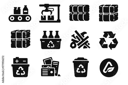 Icon recycling truck icons robot collection trash bin vector bales industrial scrap