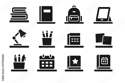 Vector pen tablet student stationery textbook dictionary icon backpack bookshelf preparation stand