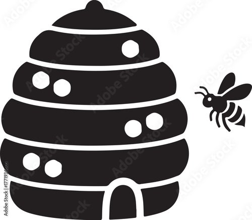 Whimsical black and white beehive with flying bee and honeycomb pattern elements for nature and sweetness themes