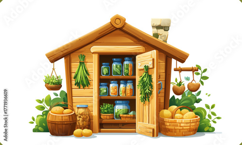 Vector illustration of small wooden food storage with jars of preserves and baskets of potatoes, isolated on white background