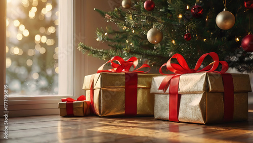 Close-up of luxurious gold-wrapped gifts with satin ribbons beneath a Christmas tree. Matching baubles and glitter textures shimmer against a soft bokeh background.