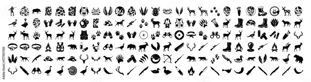 Fototapeta premium Extensive collection of detailed black icons showcasing a wide variety of animals, wildlife, and related elements, all isolated on a, perfect for nature and zoology related projects