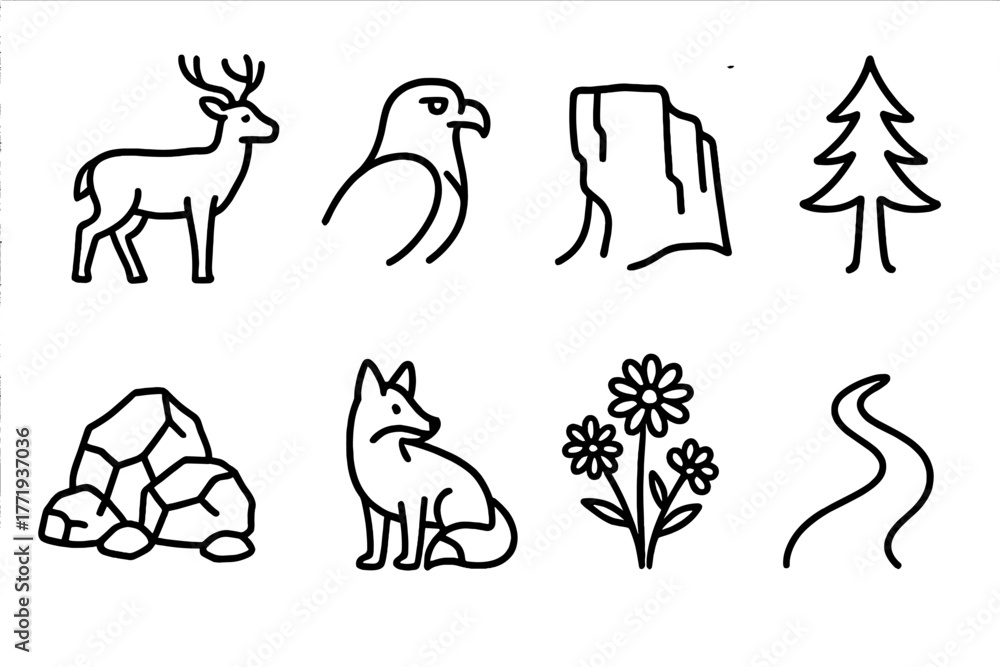 Fototapeta premium Wildlife Plateau Icons. Line style icons of Wildlife Plateau: Deer, Eagle, Cliff, Pine Tree, Rock Outcrop, Fox, Wildflowers, Trail