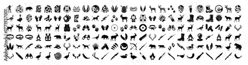 Extensive collection of detailed black icons showcasing a wide variety of animals, wildlife, and related elements, all isolated on a, perfect for nature and zoology related projects