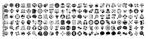 A large collection of diverse icons representing various concepts like technology, business, communication, and social media, all presented in a clean, black and white design on a