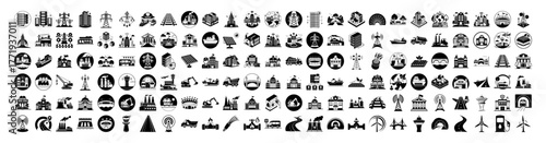 A comprehensive array of icons representing industrial and environmental themes, including factories, energy sources, transportation, and nature elements, presented on a