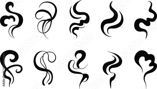 Collection of abstract black swirling lines representing smoke or steam on a white background