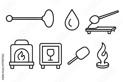 Glassblowing Icons Collection. Line style icons of Glassblowing: Pontil, Blowpipe, Molten Glass, Marver, Furnace, Annealing Oven,