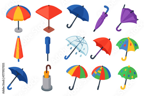 Vibrant Umbrella Icons. Isometric vector illustration set Outdoor Umbrella Icons: beach umbrella, patio umbrella, open rain