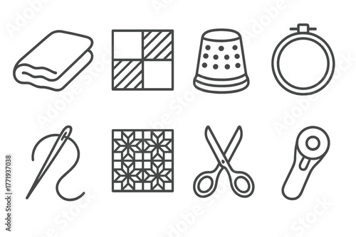 Quilting Line Icons. Line style icons of Quilting: Batting, Patchwork, Thimble, Quilting Hoop, Sewing Needle, Quilt Pattern,