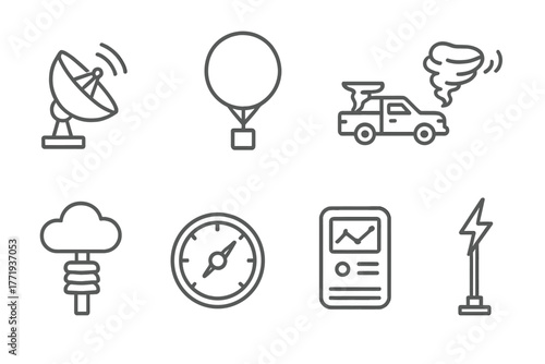 Weather Research Tools. Line style icons of Weather Research: Radar Dish, Weather Balloon, Storm Chaser, Anemometer, Cloud Sensor,