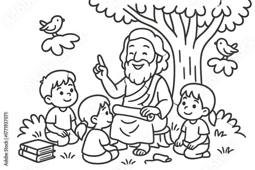 Philosopher's Outdoor Lesson. Smiling philosopher teaching children under a tree with scrolls, books, and birds nearby, black and