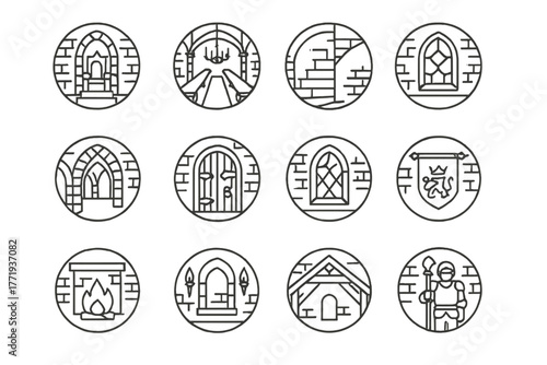 Castle Interior Icons. Line style icons of castle interiors in round shape: throne room, grand hall, spiral staircase, stone