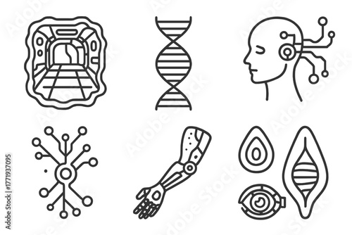 Bio-Punk Line Icons. Line style icons of Bio-Punk: Living Ship Deck, DNA Strand, Neural Interface Circuit, Organic Tech Node,