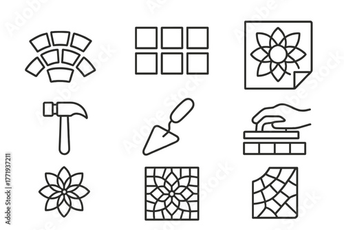 Mosaic Art Icons. Line style icons of Mosaic Art: Smalti, Tile, Design Sketch, Hammer, Trowel, Grout, Pattern, Mosaic Fragment, No