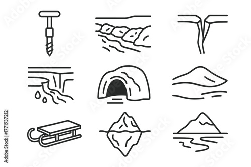 Glacier Icon Line Art. Line style icons of Glacier: Ice Core Drill, Moraine, Crevasse, Meltwater, Glacier Cave, Snowfield, Sledge,